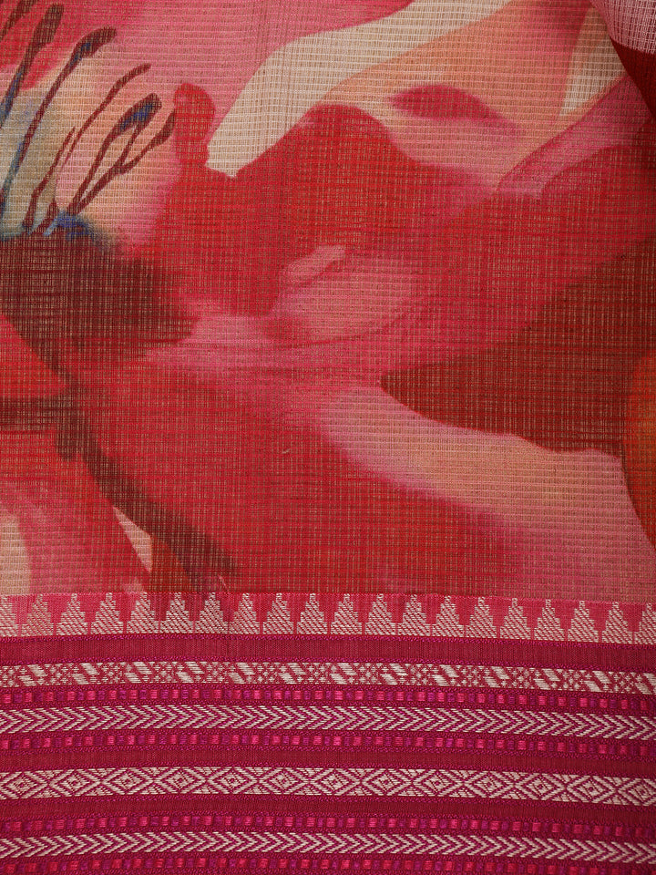 Red Multicolor Floral Print Kota Cotton Saree - Diadem
