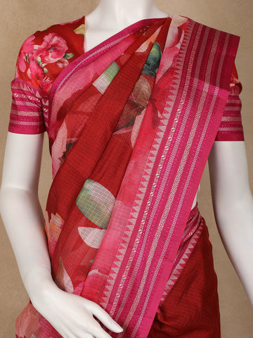 Red Multicolor Floral Print Kota Cotton Saree - Diadem
