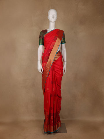 Red Paisley Designed Soft Silk Saree With Contrast Dark Green Blouse - Diadem
