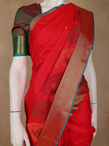 Red Paisley Designed Soft Silk Saree With Contrast Dark Green Blouse - Diadem