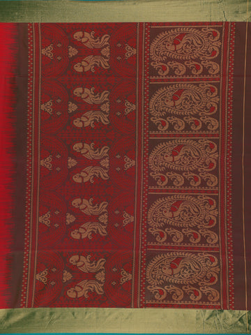 Red Paisley Designed Soft Silk Saree With Contrast Dark Green Blouse - Diadem