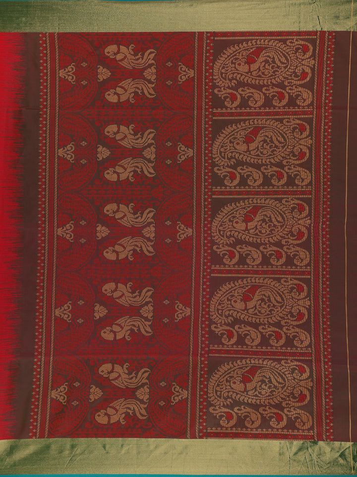 Red Paisley Designed Soft Silk Saree With Contrast Dark Green Blouse - Diadem