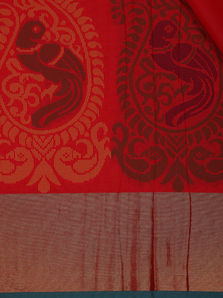 Red Paisley Designed Soft Silk Saree With Contrast Dark Green Blouse - Diadem