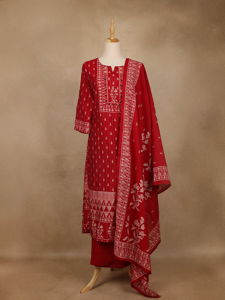 Red Printed Cotton Salwar Suit with Dupatta - Diadem