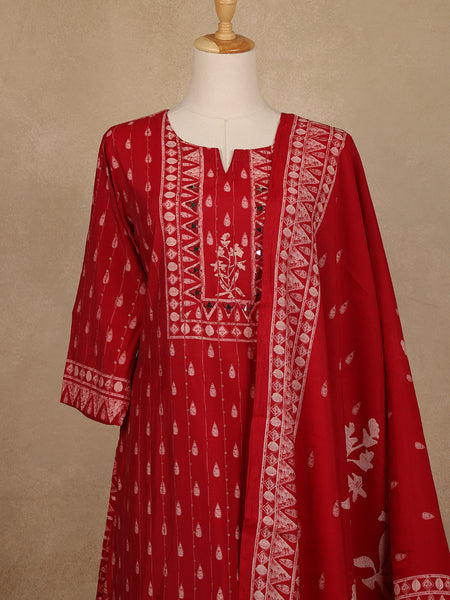 Red Printed Cotton Salwar Suit with Dupatta - Diadem