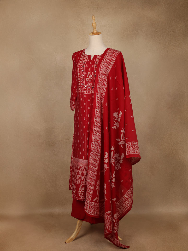 Red Printed Cotton Salwar Suit with Dupatta - Diadem