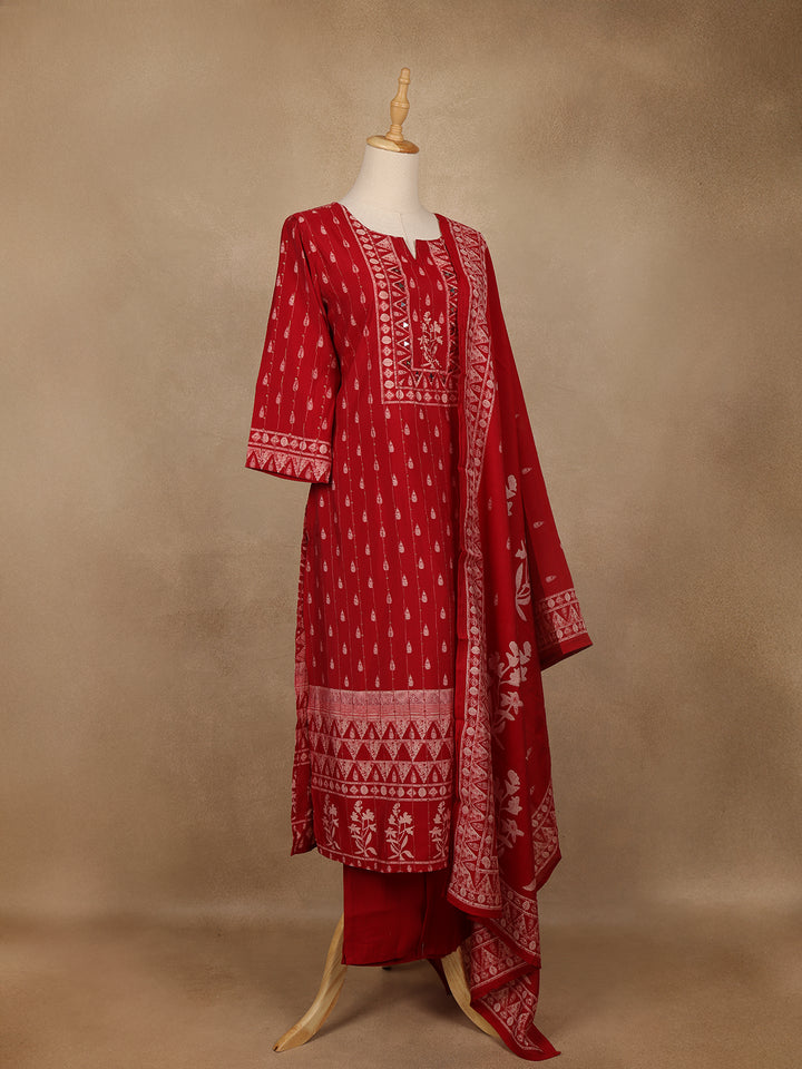 Red Printed Cotton Salwar Suit with Dupatta - Diadem
