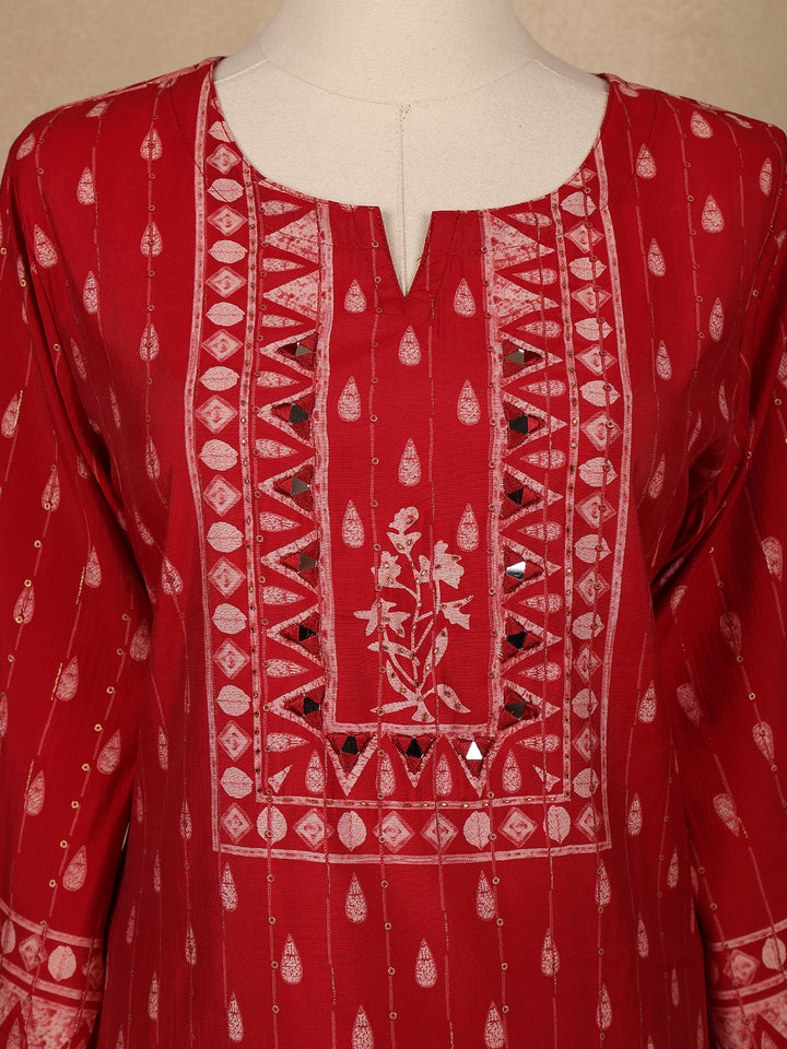 Red Printed Cotton Salwar Suit with Dupatta - Diadem