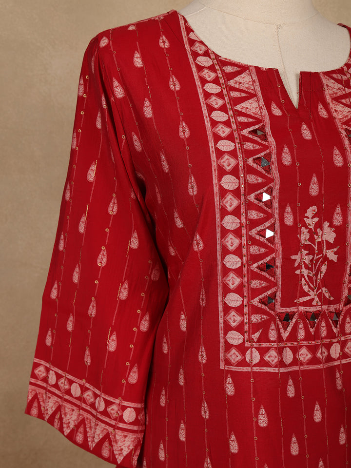 Red Printed Cotton Salwar Suit with Dupatta - Diadem