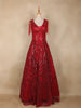 Red Sequins Embellished Net Evening Gown with Beaded Tassel Sleeves