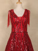 Red Sequins Embellished Net Evening Gown with Beaded Tassel Sleeves