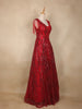 Red Sequins Embellished Net Evening Gown with Beaded Tassel Sleeves