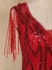 Red Sequins Embellished Net Evening Gown with Beaded Tassel Sleeves