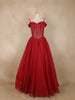 Red Sequins and Beads Embellished Design Net Ball Gown with Cold Shoulder Straps