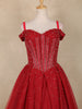 Red Sequins and Beads Embellished Design Net Ball Gown with Cold Shoulder Straps