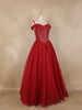 Red Sequins and Beads Embellished Design Net Ball Gown with Cold Shoulder Straps