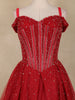 Red Sequins and Beads Embellished Design Net Ball Gown with Cold Shoulder Straps
