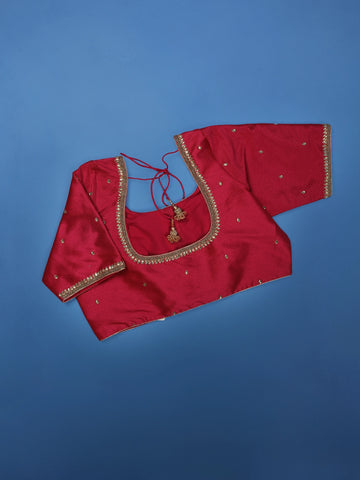 Red Silk Readymade Blouse Adorned with Embroidery Design - Diadem