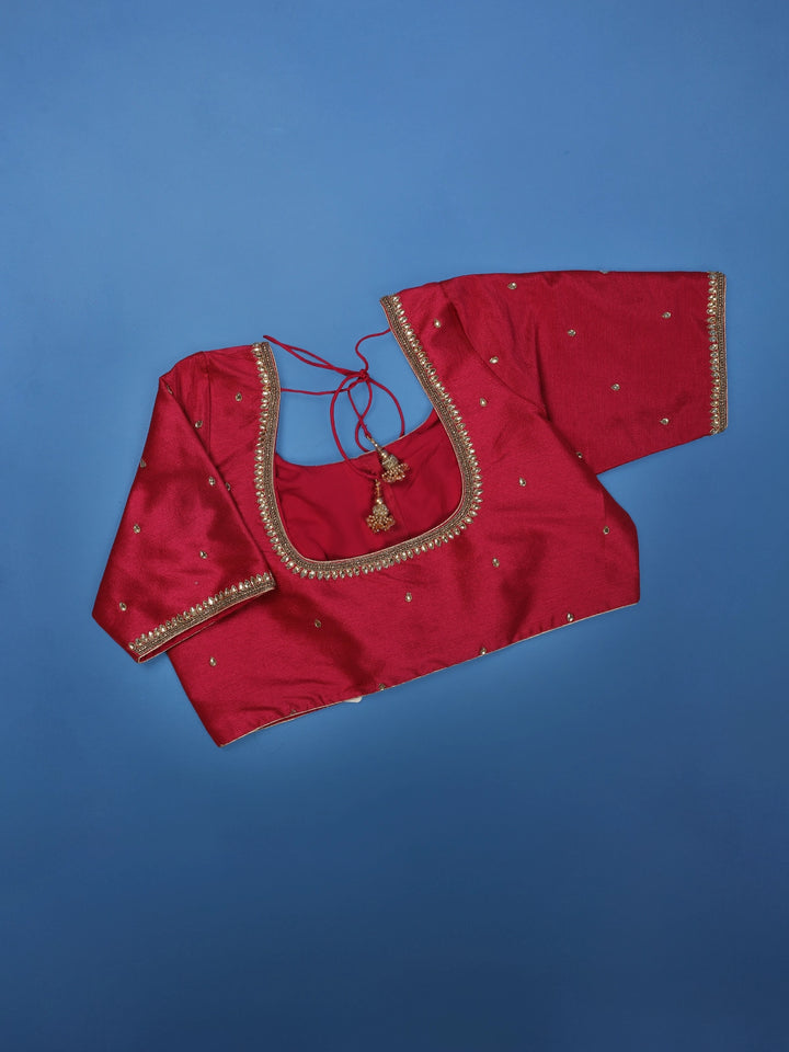 Red Silk Readymade Blouse Adorned with Embroidery Design - Diadem