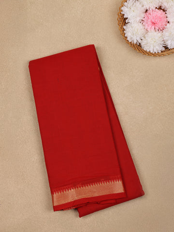 Red Solid Design Cotton Saree With Zari Border - Diadem