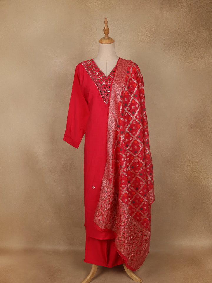 Red Solid Design Mirror Work Embroidered Salwar Suit - Diadem