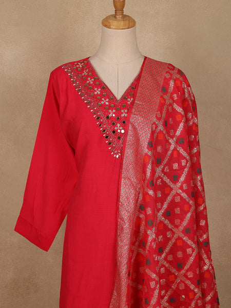 Red Solid Design Mirror Work Embroidered Salwar Suit - Diadem