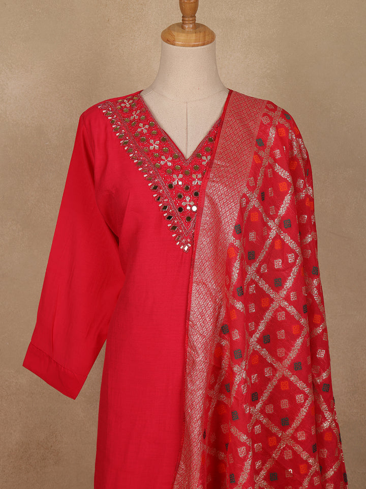 Red Solid Design Mirror Work Embroidered Salwar Suit - Diadem