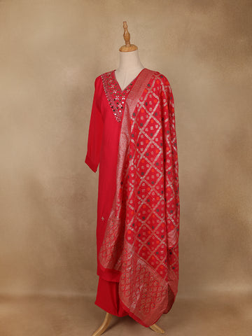 Red Solid Design Mirror Work Embroidered Salwar Suit - Diadem