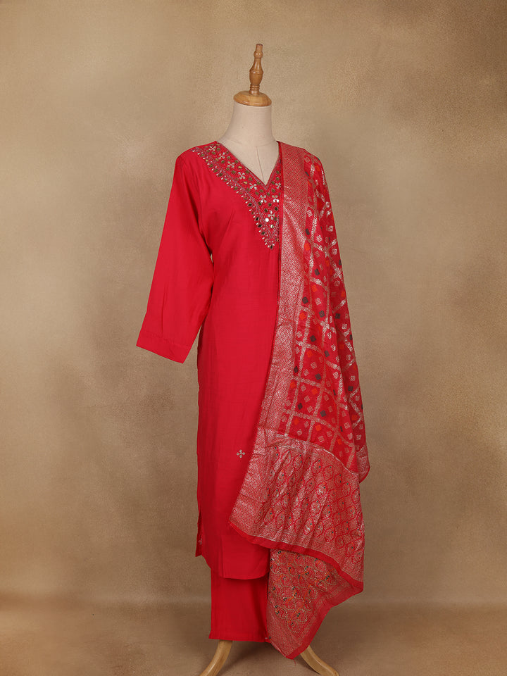 Red Solid Design Mirror Work Embroidered Salwar Suit - Diadem