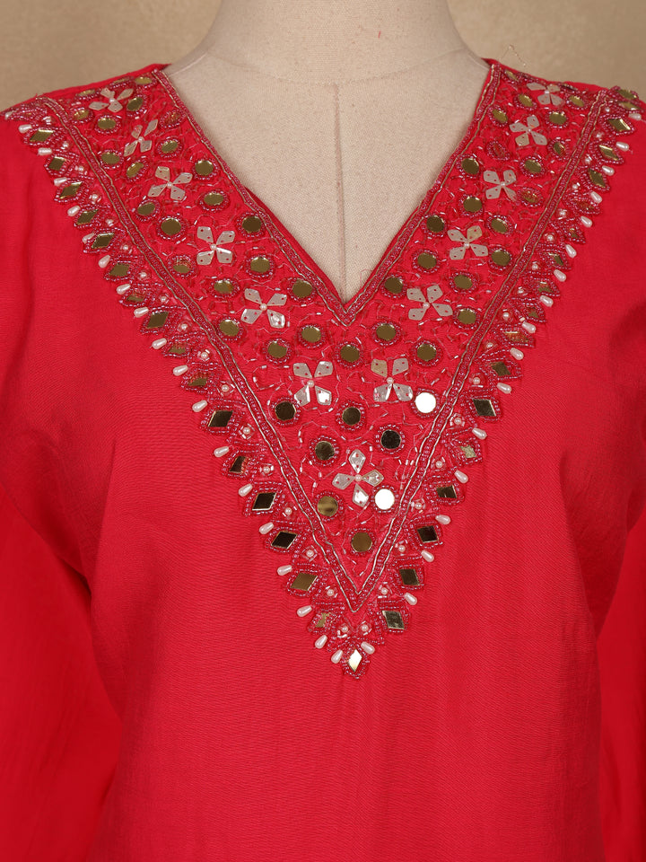 Red Solid Design Mirror Work Embroidered Salwar Suit - Diadem