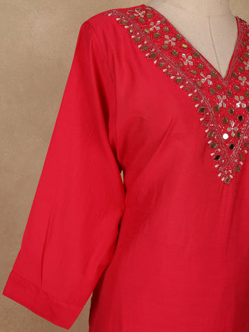 Red Solid Design Mirror Work Embroidered Salwar Suit - Diadem