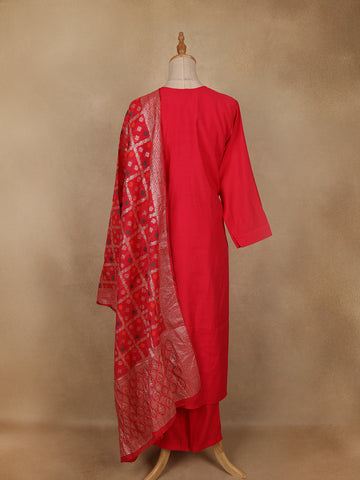 Red Solid Design Mirror Work Embroidered Salwar Suit - Diadem