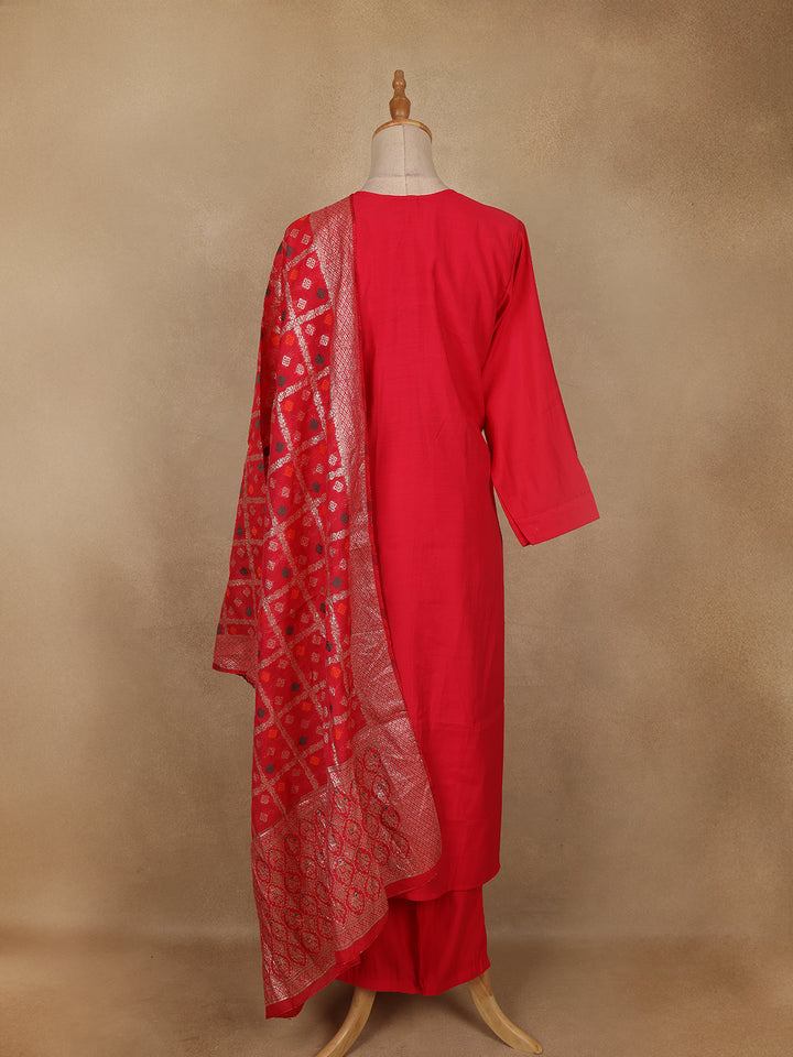 Red Solid Design Mirror Work Embroidered Salwar Suit - Diadem