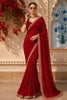 Red Solid Design Satin Saree with Embellished Lace Border
