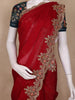 Red Solid Design Tissue Organza Saree With Navy Blue Floral Blouse