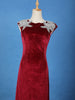 Red Solid Design Velvet Partywear Gown With Silver Floral Shoulder Embellishments