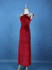 Red Solid Design Velvet Partywear Gown With Silver Floral Shoulder Embellishments