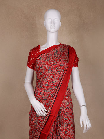 Red Ajrak Printed Mul Mul Cotton Saree - Diadem