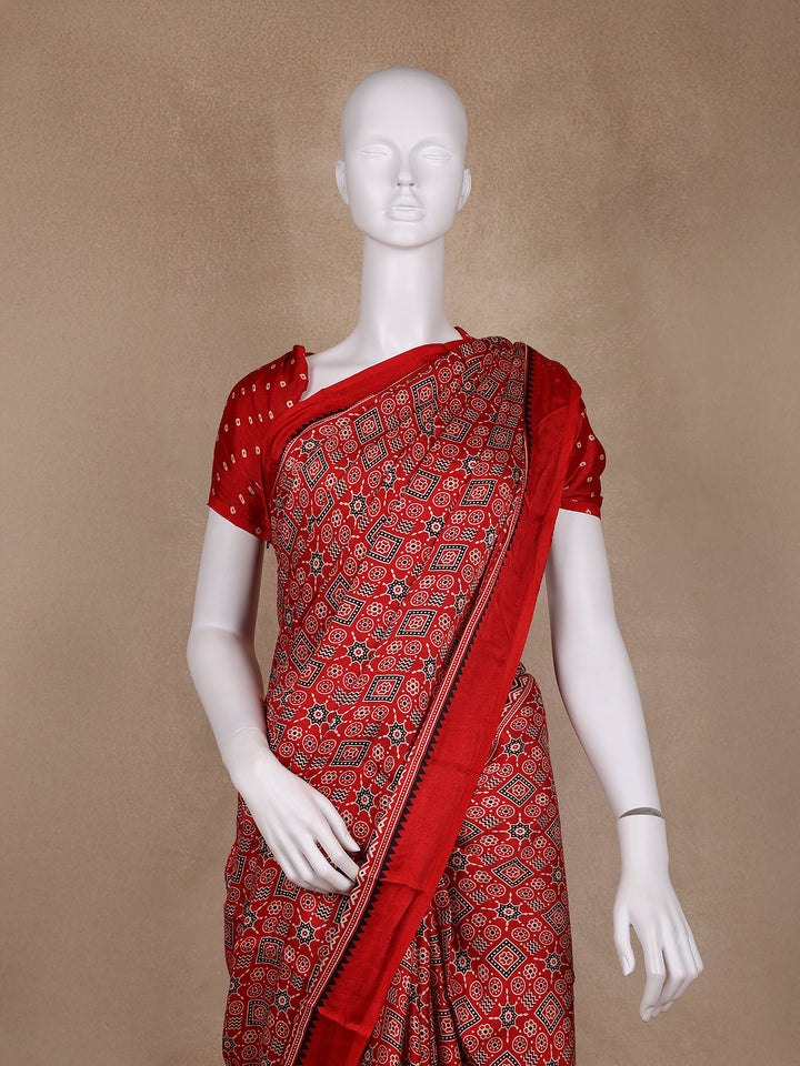 Red Ajrak Printed Mul Mul Cotton Saree - Diadem