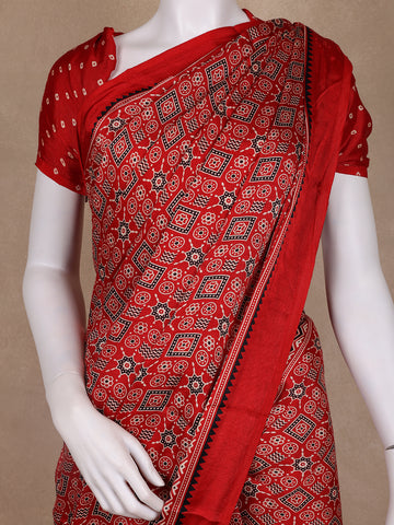Red Ajrak Printed Mul Mul Cotton Saree - Diadem