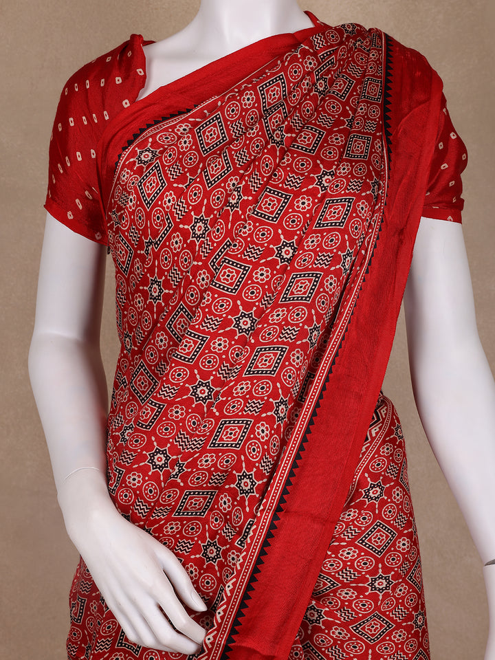 Red Ajrak Printed Mul Mul Cotton Saree - Diadem