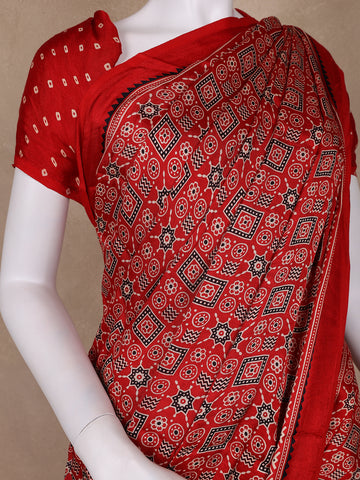 Red Ajrak Printed Mul Mul Cotton Saree - Diadem