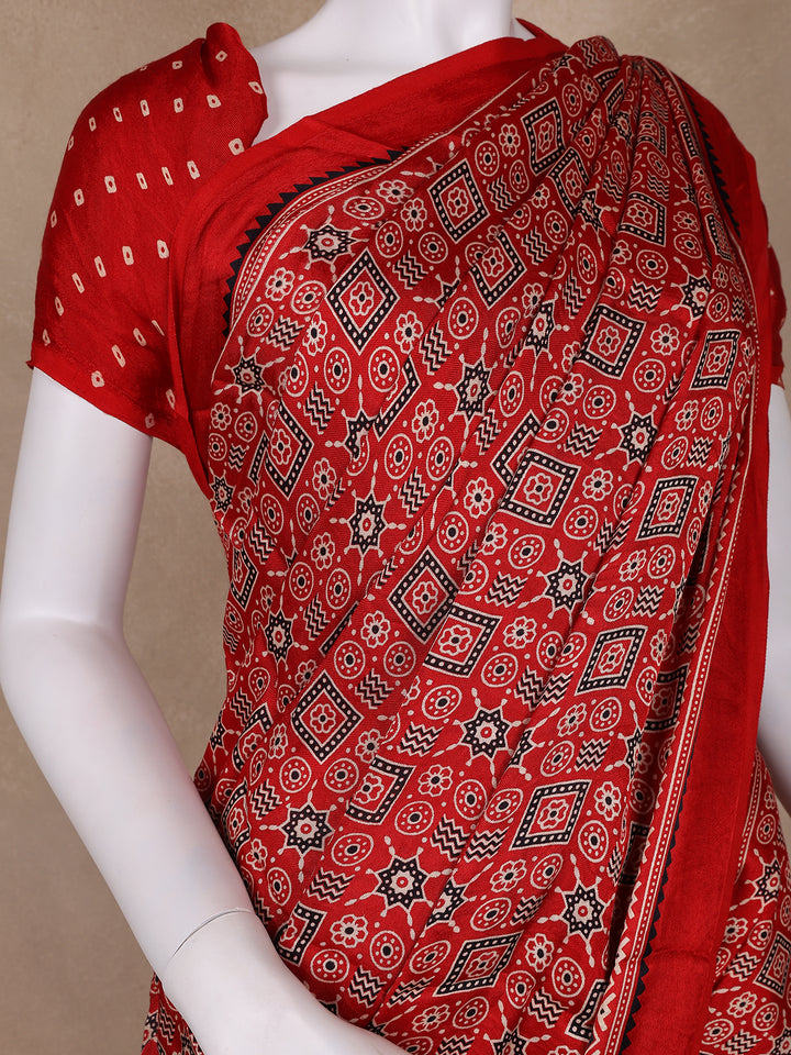 Red Ajrak Printed Mul Mul Cotton Saree - Diadem