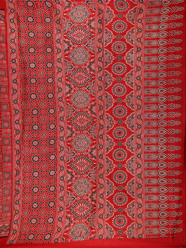 Red Ajrak Printed Mul Mul Cotton Saree - Diadem