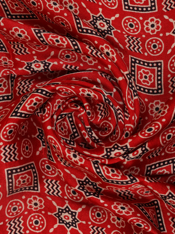 Red Ajrak Printed Mul Mul Cotton Saree - Diadem