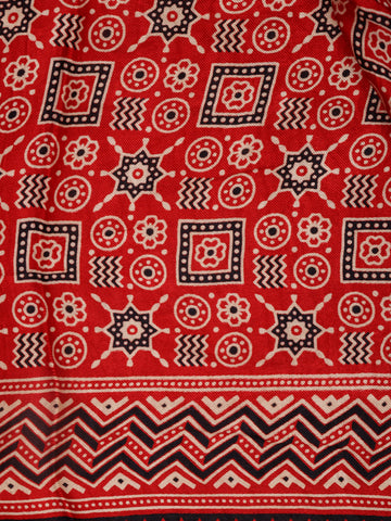 Red Ajrak Printed Mul Mul Cotton Saree - Diadem