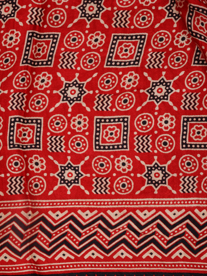 Red Ajrak Printed Mul Mul Cotton Saree - Diadem