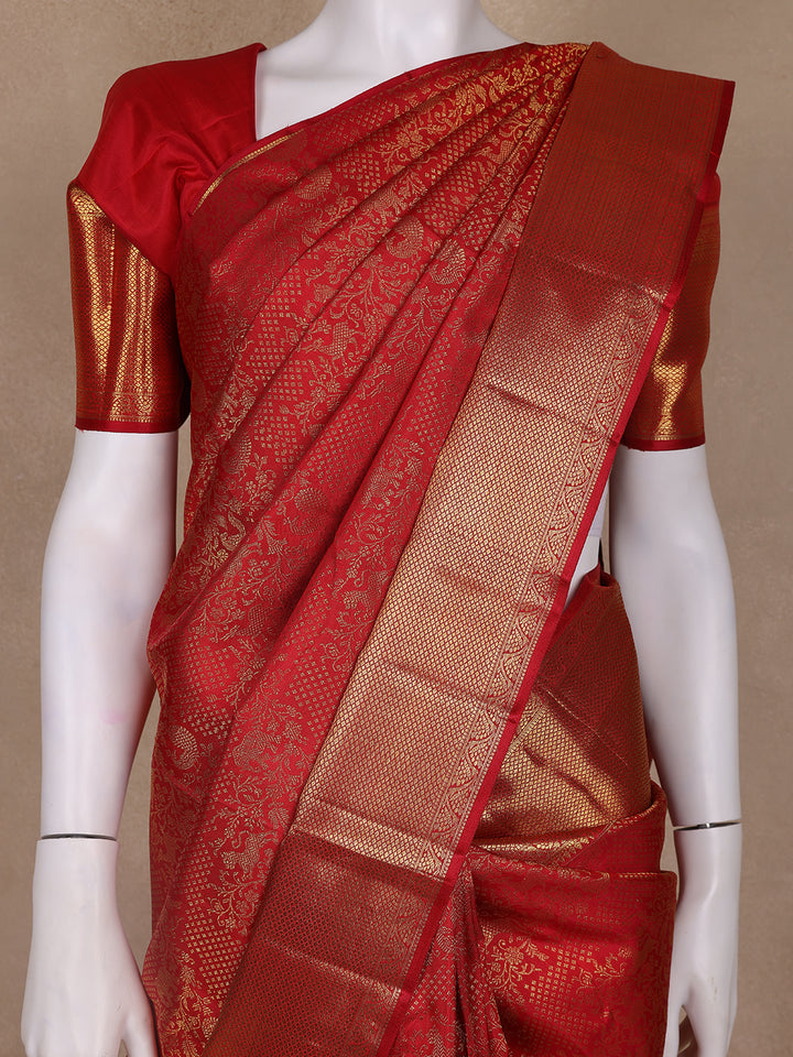 Red Animels Woven Motifs Pure Kanchipuram Silk Saree - Diadem