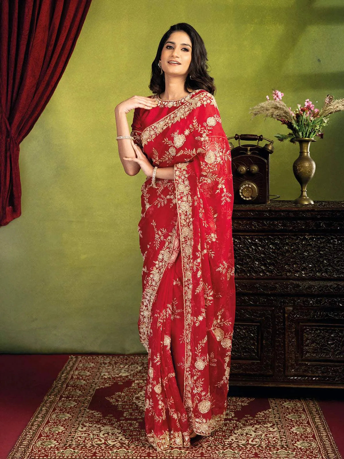 Red Bridal Organza Saree With Full Sequins Floral Design - Diadem