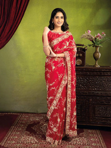 Red Bridal Organza Saree With Full Sequins Floral Design - Diadem